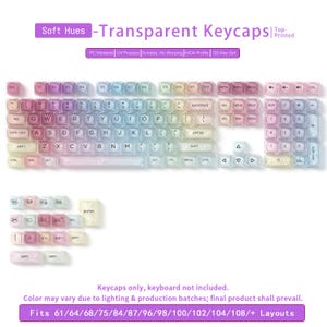 May include: Transparent keycaps in soft hues, designed for a keyboard. The keycaps are a gradient of colors, including pink, purple, blue, and yellow. The set includes 125 keys and is compatible with various keyboard layouts. The text on the keycaps is visible.