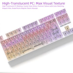 May include: A computer keyboard with translucent keycaps. The keycaps have a gradient of colors, including pink, purple, and yellow. The keyboard is white and has the text "High-Translucent PC: Max Visual Texture".