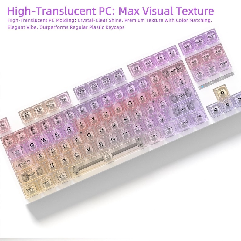 May include: A computer keyboard with translucent keycaps. The keycaps have a gradient of colors, including pink, purple, and yellow. The keyboard is white and has the text "High-Translucent PC: Max Visual Texture".