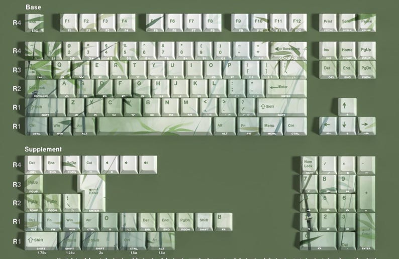 May include: A full set of keycaps in a light green color with a bamboo leaf design. The keycaps are for a mechanical keyboard, with a standard QWERTY layout and a number pad. The keycaps are made of a durable material.