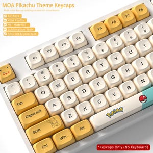 May include: A set of 121 MOA profile PBT keycaps with a Pikachu theme. The keycaps are cream and yellow with black character legends. Features include a Pikachu face on the escape key, a Pikachu graphic on the shift key, and a Pokemon logo on the spacebar.