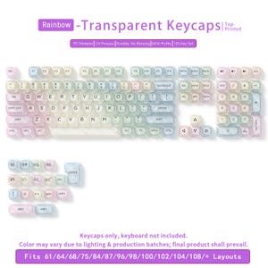 May include: Rainbow transparent keycaps set. The keycaps are transparent with a rainbow gradient color scheme. The set includes 125 keys and is compatible with various keyboard layouts. The text on the keycaps is visible.