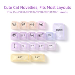 May include: Keyboard keycaps with cat designs in various colors, including pink, purple, and yellow. The keycaps are transparent and feature different cat illustrations. The text "Cute Cat Novelties, Fits Most Layouts" is at the top.