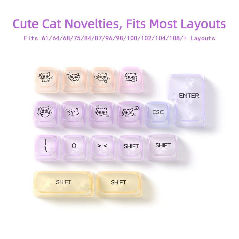 May include: Keyboard keycaps with cat designs in various colors, including pink, purple, and yellow. The keycaps are transparent and feature different cat illustrations. The text "Cute Cat Novelties, Fits Most Layouts" is at the top.