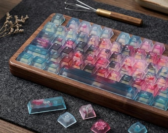 Floating Flower Gradient Keycap Set, 104 Keys 5-Side Misty Shine-Through PC Keycaps, Cherry Profile for Custom Artisan Gift