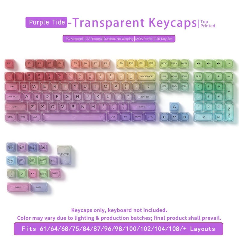 May include: Transparent keycaps in a gradient of colors, from pink to yellow and green. The keycaps are labeled with letters, numbers, and symbols. The text "Purple Tide - Transparent Keycaps" is at the top. The keycaps are designed for various keyboard layouts.