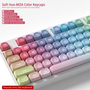 May include: A set of colorful keycaps with a gradient design, transitioning from pink to blue. The keycaps are labeled with letters, numbers, and symbols. The text "Soft Hue-MOA Color Keycaps" is visible.