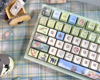 Studio Ghibli Forest Green PBT Dye-Sublimated, Cute Gift for Gamer, Full Keycap Set,Handmade for Mechanical Keyboards  MX & MX Style