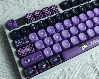 Kuromi Theme Keycap Set, 130 Keys 5-Side Dye-Sublimated PBT MOA/Cherry Profile, Purple Gothic Cute Design for Mechanical Keyboard