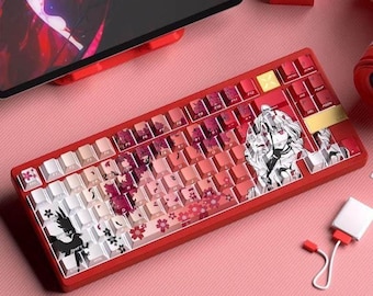 Fox Mask Maiden Sakura Raven Keycap Set, 130 Keys Cherry Profile PBT Dye-Sublimated Side-Print Shine-Through, Japanese Anime Theme