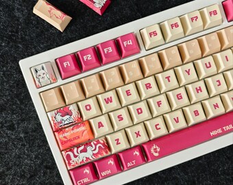 Nine-Tailed Fox Pink Theme Keycap Set, 132 Keys 5-Side Dye-Sublimated PBT, Cherry Profile Full Set for Mechanical Keyboard