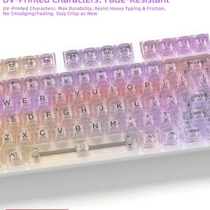 May include: A keyboard with clear keycaps featuring a gradient color scheme. The keycaps have a variety of symbols and letters, with some keys displaying small cartoon animal designs. The text "Keycaps Only (No Keyboard)" is visible.