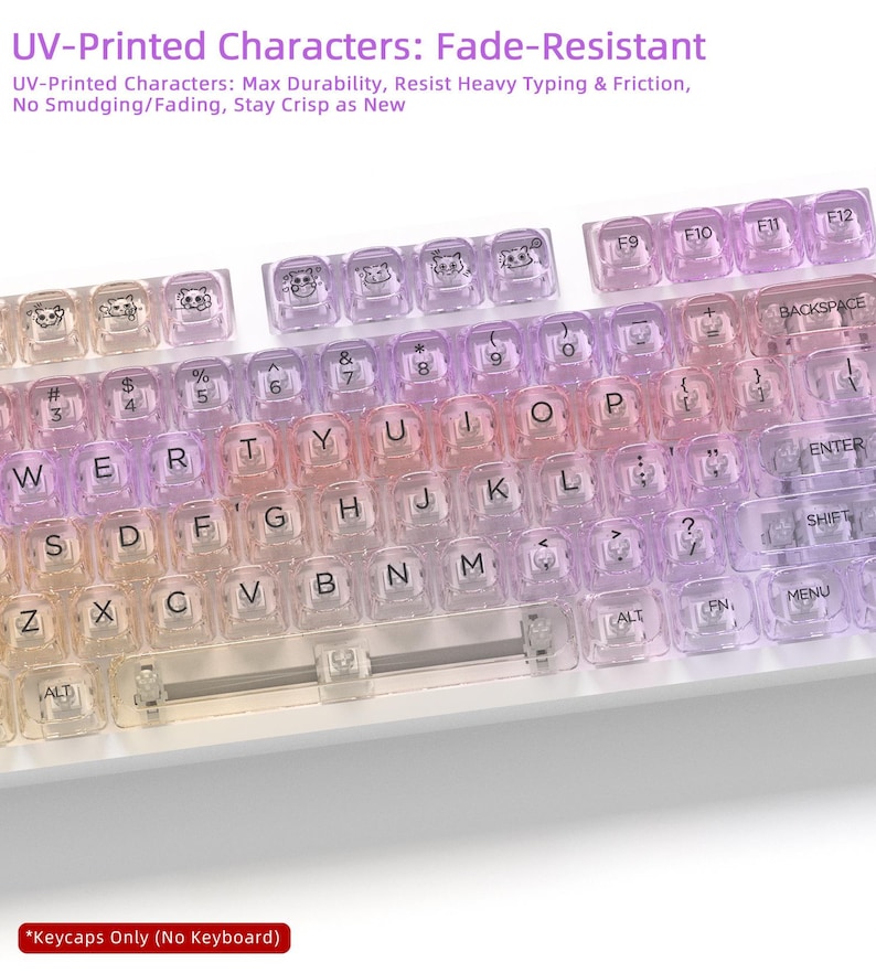 May include: A keyboard with clear keycaps featuring a gradient color scheme. The keycaps have a variety of symbols and letters, with some keys displaying small cartoon animal designs. The text "Keycaps Only (No Keyboard)" is visible.