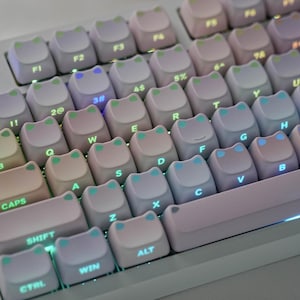 May include: Close-up of a computer keyboard with custom keycaps. The keycaps are pastel-colored and shaped like cat faces. The keys are labeled with letters, numbers, and symbols. The keyboard has a white frame and is lit with a soft glow.