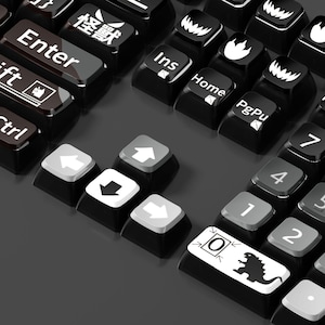 May include: Close-up of a black keyboard with custom keycaps. The keys feature white and gray symbols, Japanese characters, and the word "Enter". The number keys are also visible. The keycaps have a unique design.