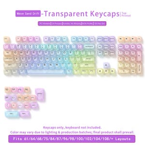 May include: Transparent keycaps set with a gradient color scheme, labeled "Wave Sand Drift". The keycaps are designed for various keyboard layouts, including 61, 64, 68, 75, 84, 87, 96, 98, 100, 102, 104, and 108+ layouts. The set includes 125 keys.