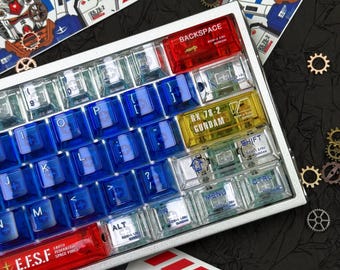 Gundam PC Keycap Set, 130 Keys UV Printed + 5-Side Dye-Sublimated PC Material, Cherry Profile Custom Keycaps