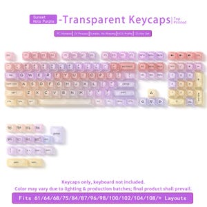 May include: Transparent keycaps in a sunset holo purple color scheme. The keycaps are designed for various keyboard layouts, including 61, 64, 68, 75, 84, 87, 96, 98, 100, 102, 104, and 108+. The keycaps are made of PC material and are UV processed.
