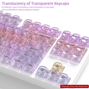 May include: Close-up of transparent keycaps with a gradient of pink and purple hues. The keycaps have clear lettering and are designed for vibrant RGB effects. The text on the keycaps includes "Enter", "Shift", and "Backspace".