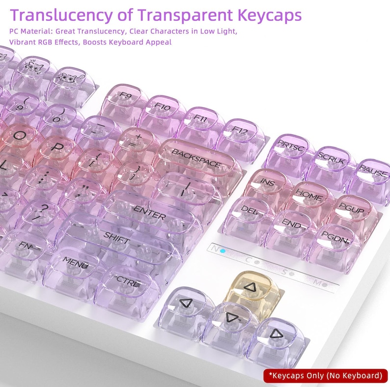 May include: Close-up of transparent keycaps with a gradient of pink and purple hues. The keycaps have clear lettering and are designed for vibrant RGB effects. The text on the keycaps includes "Enter", "Shift", and "Backspace".