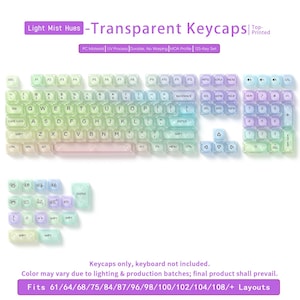 May include: Transparent keycaps in light mist hues, a 125-key set. The keycaps are PC material, durable, and feature a MOA profile. The image includes the text "Light Mist Hues -Transparent Keycaps". Fits 61/64/68/75/84/87/96/98/100/102/104/108/+ Layouts.