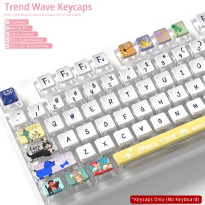 May include: White keyboard keycaps with clear, transparent sides and white lettering. Some keys feature colorful illustrations of animals and food. The text "Trend Wave Keycaps" is visible.