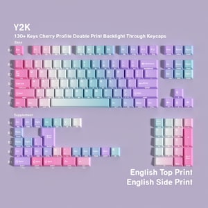 May include: A set of Y2K-themed keyboard keycaps in a gradient of pink, blue, and purple. The keycaps are arranged to show the base and supplement keys. The text "English Top Print English Side Print" is visible.