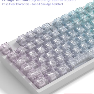 May include: Close-up of clear, translucent keycaps with white lettering on a white keyboard base. The keycaps have a gradient color effect, transitioning from purple to blue. Text on the keycaps includes letters, numbers, and symbols. The text "Keycaps Only (No Keyboard)" is visible.