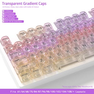 May include: Transparent gradient keycaps with clear lettering and a subtle 3D texture. The keycaps have a gradient color scheme, transitioning from yellow to pink to purple. The keycaps are designed to fit various keyboard layouts.