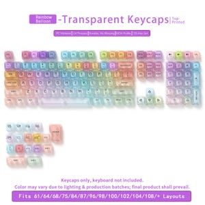 May include: Rainbow-colored transparent keycaps set. The keycaps are designed for mechanical keyboards and feature a 125-key set. The text on the keycaps is visible. The keycaps are made of PC material and are durable. The keycaps fit 61/64/68/75/84/87/96/98/100/102/104/108/+ layouts.