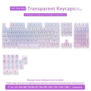 May include: Transparent keycaps in a pink and blue gradient, designed for mechanical keyboards. The keycaps are top-printed and include a 125-key set. The text on the keycaps is visible. Compatible with various keyboard layouts.