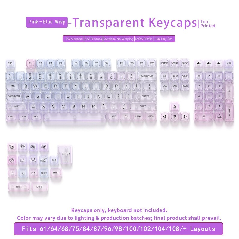May include: Transparent keycaps in a pink and blue gradient, designed for mechanical keyboards. The keycaps are top-printed and include a 125-key set. The text on the keycaps is visible. Compatible with various keyboard layouts.