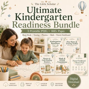 May include: A mother and child are seated at a table, working on a worksheet. The image showcases a kindergarten readiness bundle with the text "Ultimate Kindergarten Readiness Bundle" and "Digital Download". The bundle includes printable PDFs for various learning activities.