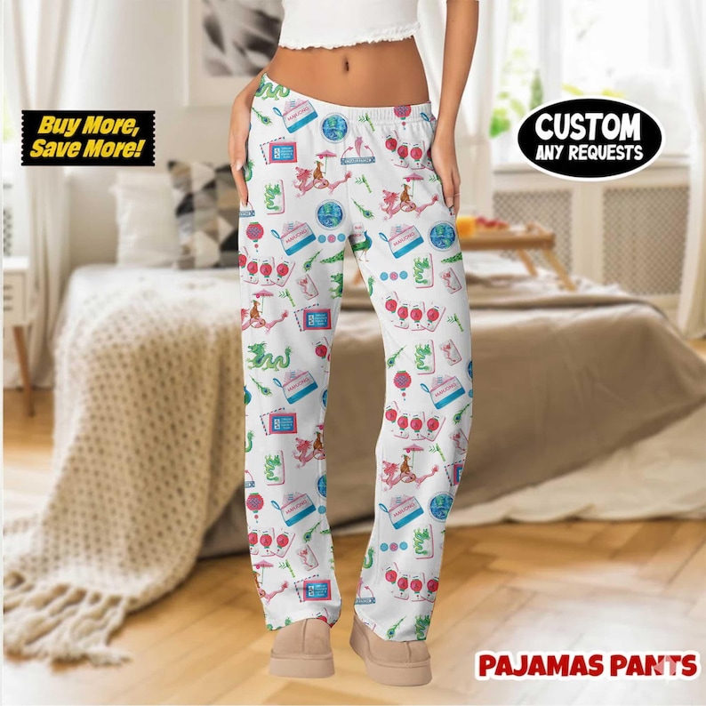 May include: White pajama pants with a colorful pattern of various Asian-themed illustrations. The pants have a comfortable, loose fit and feature the text "PAJAMAS PANTS". The image also includes the text "Buy More, Save More!" and "CUSTOM ANY REQUESTS".