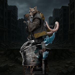 May include: A detailed statue of a rat-like figure in a martial arts pose, holding a katana. The figure wears a dark gray outfit with a yellow and gold accent. The statue is set against a backdrop of a ruined cityscape, with a blue translucent element.