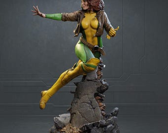 Estatua y busto de Rogue (Fanart STL) / Escala 1/6 / Pose de ataque de energía voladora sobre base de escombros de batalla / Descarga del modelo para impresión 3D (archivo STL)