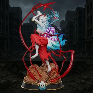May include: A detailed figurine of a character in a dynamic pose, wielding a red weapon. The figure has white hair, red clothing, and a blue and purple striped tail. It stands on a rocky base with a skull emblem, set against a backdrop of a ruined city.