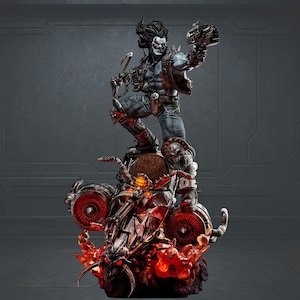 May include: A detailed statue of a comic book character, standing on a motorcycle. The figure is muscular, with a blue complexion, and holds a gun and a hook. The motorcycle is red and black, with intricate details and a fiery base.