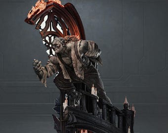 May include: A detailed statue of Frankenstein's monster in a dynamic pose, set against a gothic backdrop. The figure is gray with bandages and a tattered jacket. The base features skulls and candles, with flames atop the structure.