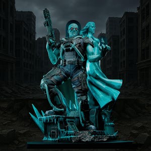 May include: A teal-colored statue of two figures, one holding a gun and the other a flowing cape. The male figure wears a tactical vest and blue pants. The background shows a city in ruins.