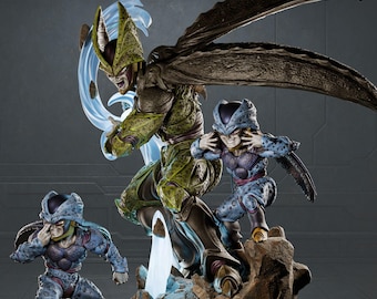 May include: A detailed figurine set featuring characters from the Dragon Ball Z series. The central figure is a large, green, insectoid character with large wings. Two smaller figures in blue armor are also present, all posed dynamically.
