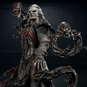 May include: A detailed statue of a character with pale skin, long white hair, and a stern expression. The figure is clad in dark, textured clothing with red accents. Black, tendril-like appendages with menacing faces extend from the figure.