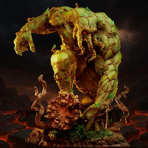 May include: A detailed sculpture of a large, humanoid creature with a mossy green and brown texture, vines, and red eyes. The figure is posed in a powerful stance, with a dark, ominous background featuring a volcanic landscape.