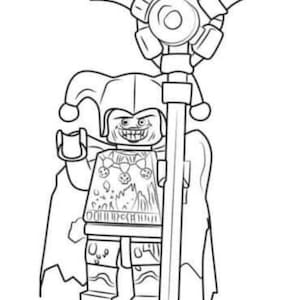 May include: Black and white line art of a Lego figure in a jester's hat and cape, holding a staff with a decorative top. The figure has a sinister grin and a detailed torso design. A fun, whimsical illustration.