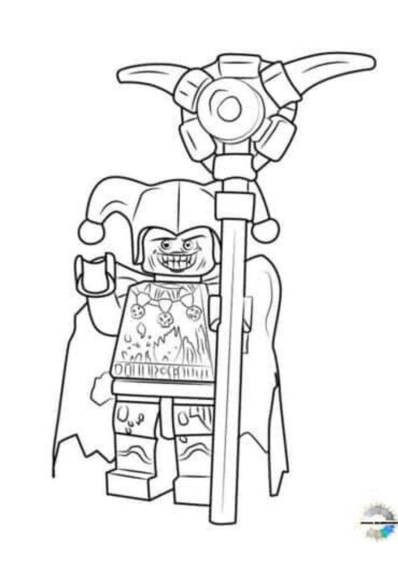 May include: Black and white line art of a Lego figure in a jester's hat and cape, holding a staff with a decorative top. The figure has a sinister grin and a detailed torso design. A fun, whimsical illustration.