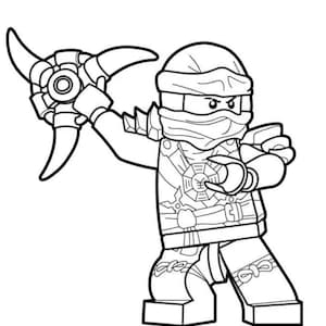 May include: Black and white line art of a Lego Ninjago character holding a weapon. The character is wearing a ninja outfit with a mask and head covering. The weapon has three curved blades.