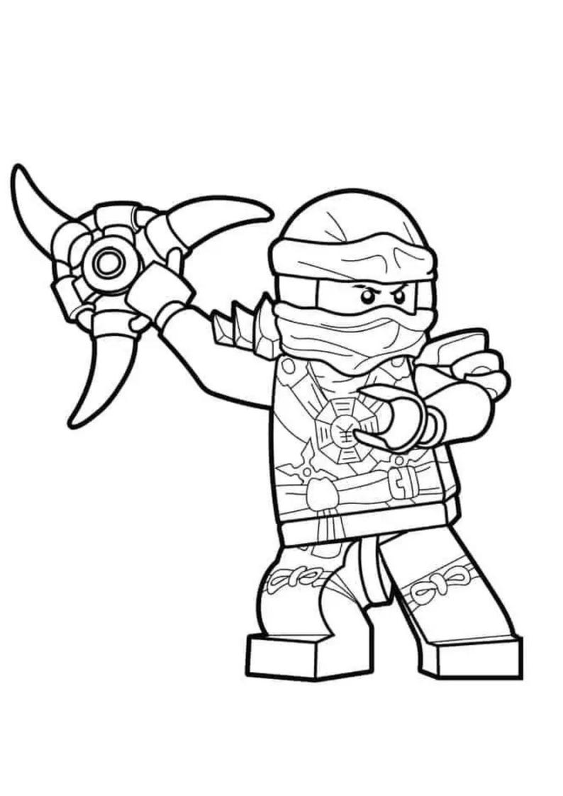 May include: Black and white line art of a Lego Ninjago character holding a weapon. The character is wearing a ninja outfit with a mask and head covering. The weapon has three curved blades.