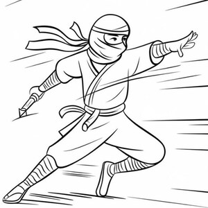 May include: Line art illustration of a ninja in motion. The ninja is wearing a traditional outfit, including a mask, headband, and loose-fitting clothing. The ninja is holding a weapon and has one arm outstretched, with motion lines in the background.