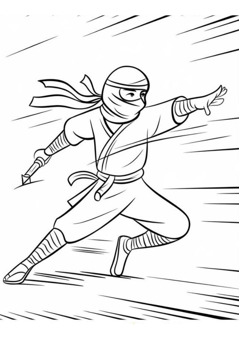May include: Line art illustration of a ninja in motion. The ninja is wearing a traditional outfit, including a mask, headband, and loose-fitting clothing. The ninja is holding a weapon and has one arm outstretched, with motion lines in the background.