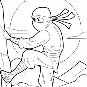 May include: Black and white illustration of a ninja climbing a rock face. The ninja is wearing a mask, head covering, and traditional ninja attire. A large circle, representing the sun or moon, is in the background, with mountains and clouds in the distance.
